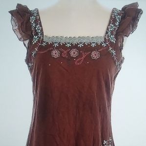 SLEEVELESS BOHO EMBROIDERED BROWN TOP